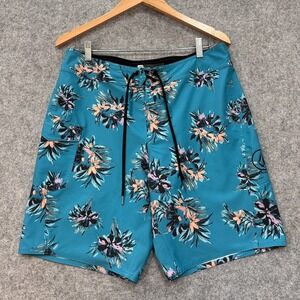 Volcom Boardshorts Mens Size 32 Floral Design Blue Peach Tie Closure Surf Swim